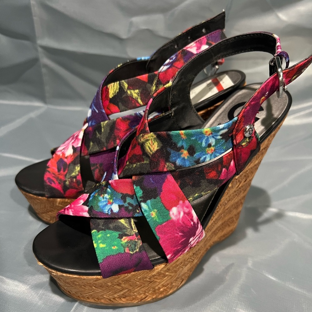 G by Guess Floral Wedge Sandals with Cork Platform